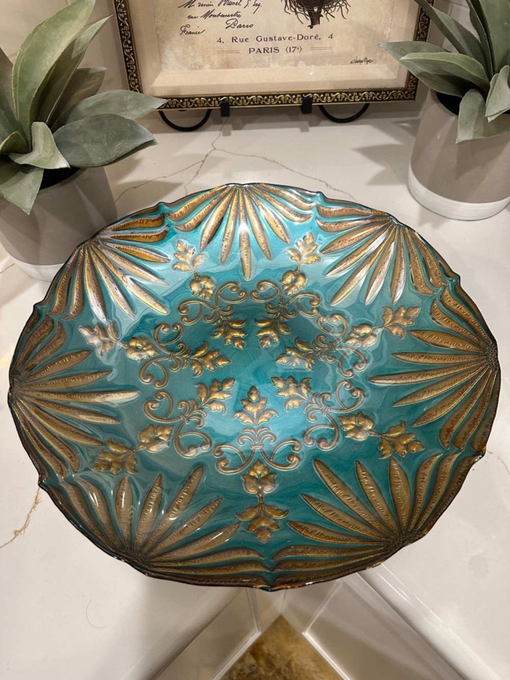 Decorative Turquoise Glass Bowl with Gold Accents